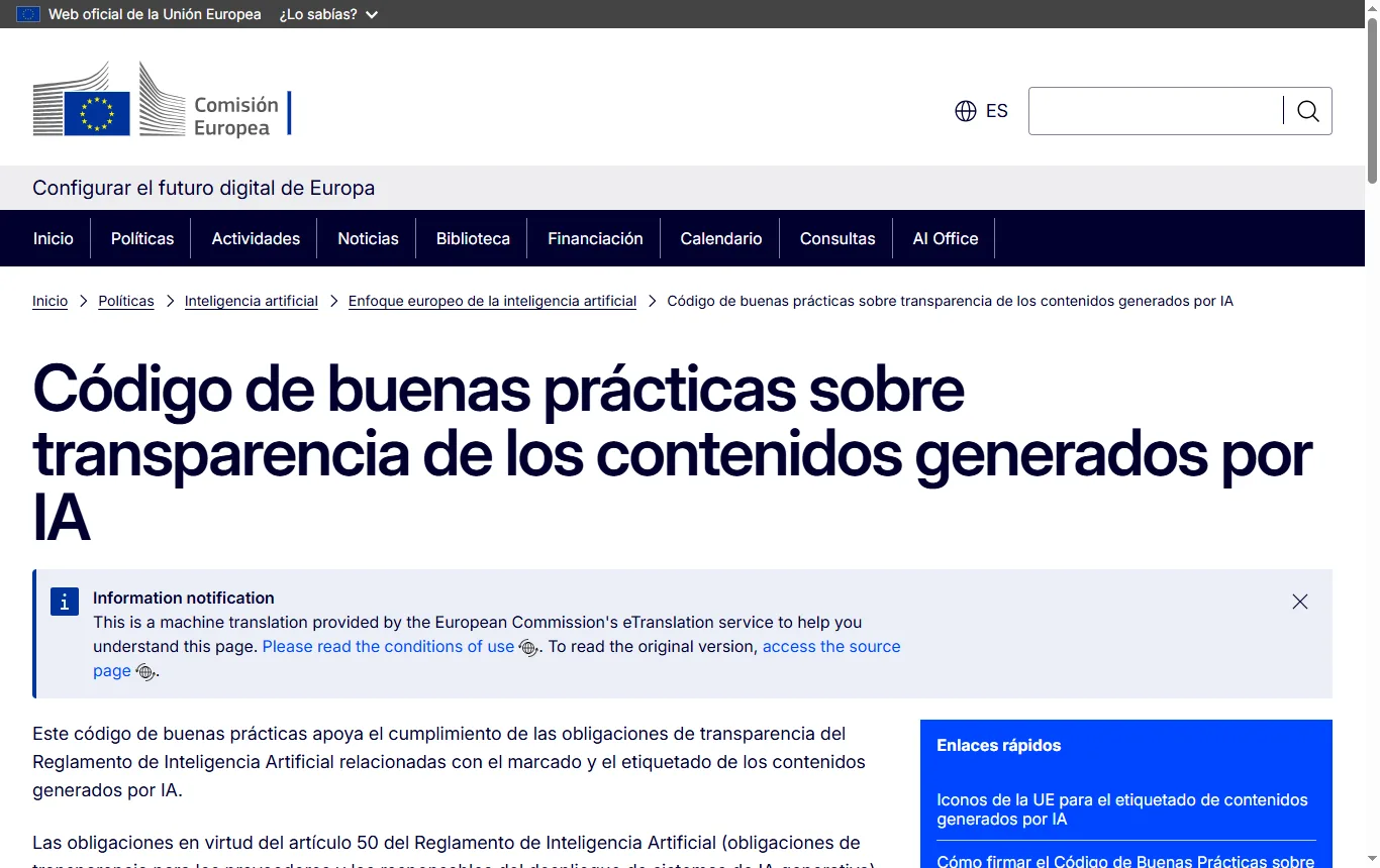 Captura de digital-strategy.ec.europa.eu : página de la Comisión Europea sobre el código de buenas prácticas para contenidos generados por IA, con la fecha de aplicación del artículo 50