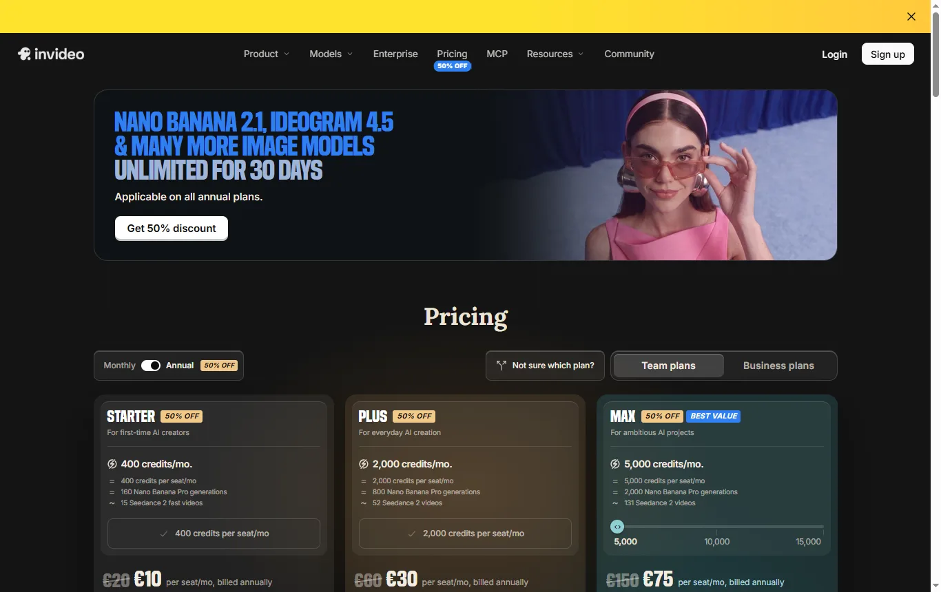 Captura de invideo.io : invideo.io/pricing, los tres planes de pago y la nota sobre los créditos que no se acumulan