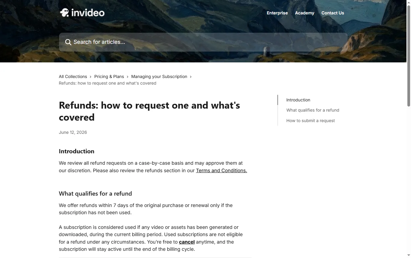 Captura de help.invideo.io : help.invideo.io, artículo sobre reembolsos con la regla de los 7 días y la definición de suscripción usada
