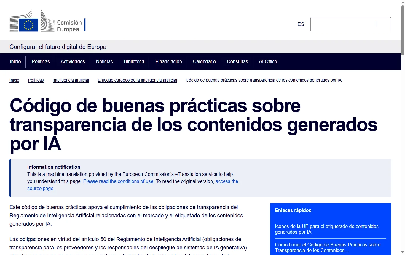 Captura de digital-strategy.ec.europa.eu : digital-strategy.ec.europa.eu, página de la Comisión sobre el código de buenas prácticas para contenido generado por IA y la aplicación del artículo 50 desde el 2 de agosto de 2026