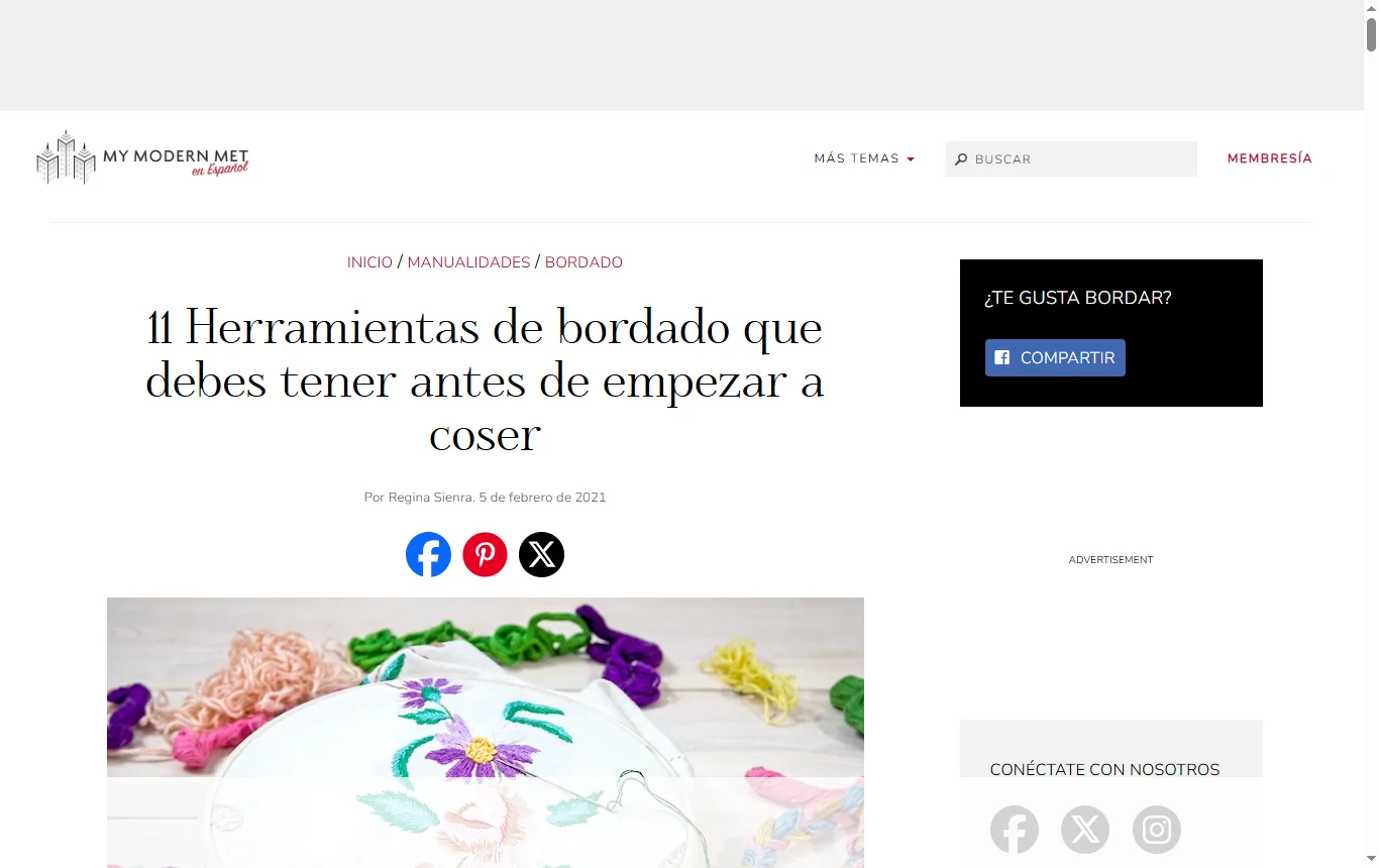 Captura de mymodernmet.com : guía de My Modern Met en Español « 11 herramientas de bordado que debes tener antes de empezar a coser » (mymodernmet.com/es/herramientas-bordado/), apartado de aros, agujas e hilo con la numeración de las agujas