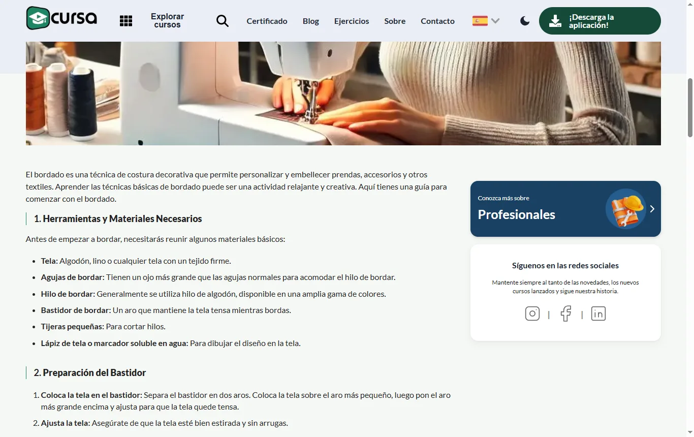 Captura de cursa.app : guía de Cursa « Técnicas básicas de bordado para principiantes » (cursa.app/es/articulo/tecnicas-basicas-de-bordado-para-principiantes), apartado de materiales y de cómo colocar la tela en el bastidor