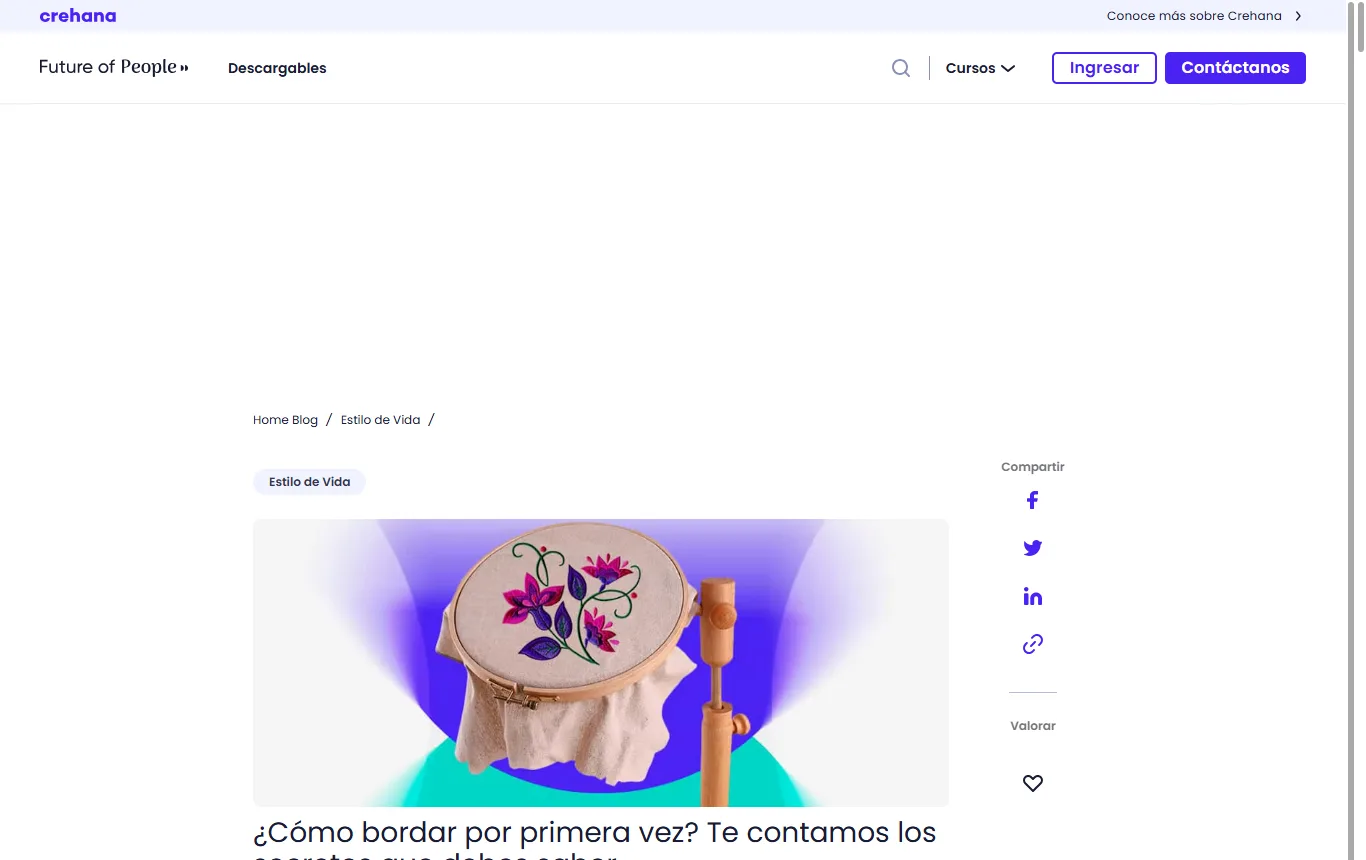 Captura de crehana.com : guía de Crehana sobre cómo bordar a mano (crehana.com/blog/estilo-vida/como-bordar/), apartado que distingue las telas de tejido uniforme y de tejido liso y los tipos de hilo