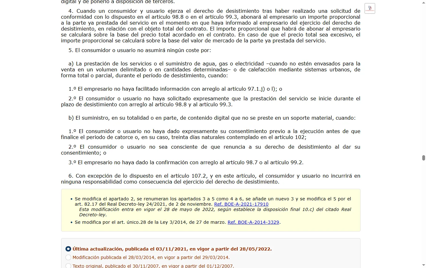 Captura de boe.es : texto consolidado del BOE del Real Decreto Legislativo 1/2007 (boe.es/buscar/act.php?id=BOE-A-2007-20555), artículo 102 sobre el derecho de desistimiento y artículo 103 sobre sus excepciones