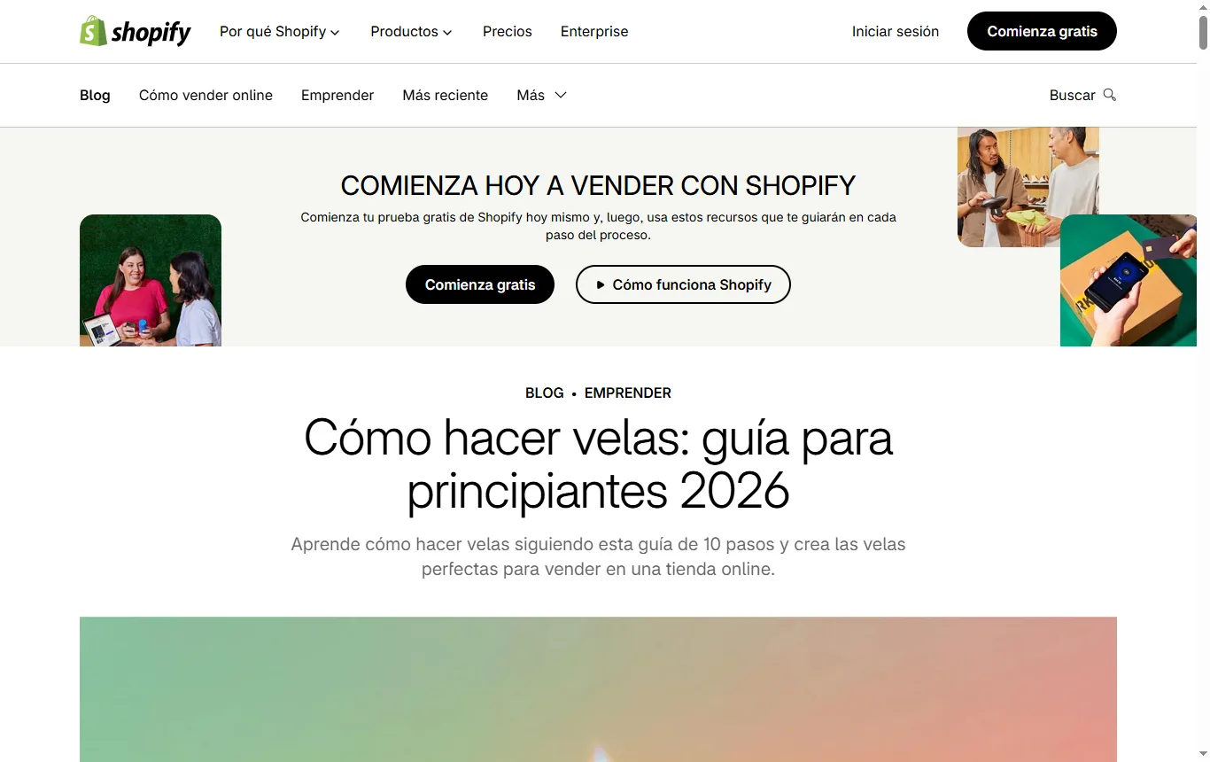 Captura de shopify.com : guía de Shopify España « Cómo hacer velas » (shopify.com/es/blog/como-hacer-velas), apartado de materiales y párrafo con los puntos de fusión de la parafina, la soja y la cera de abeja