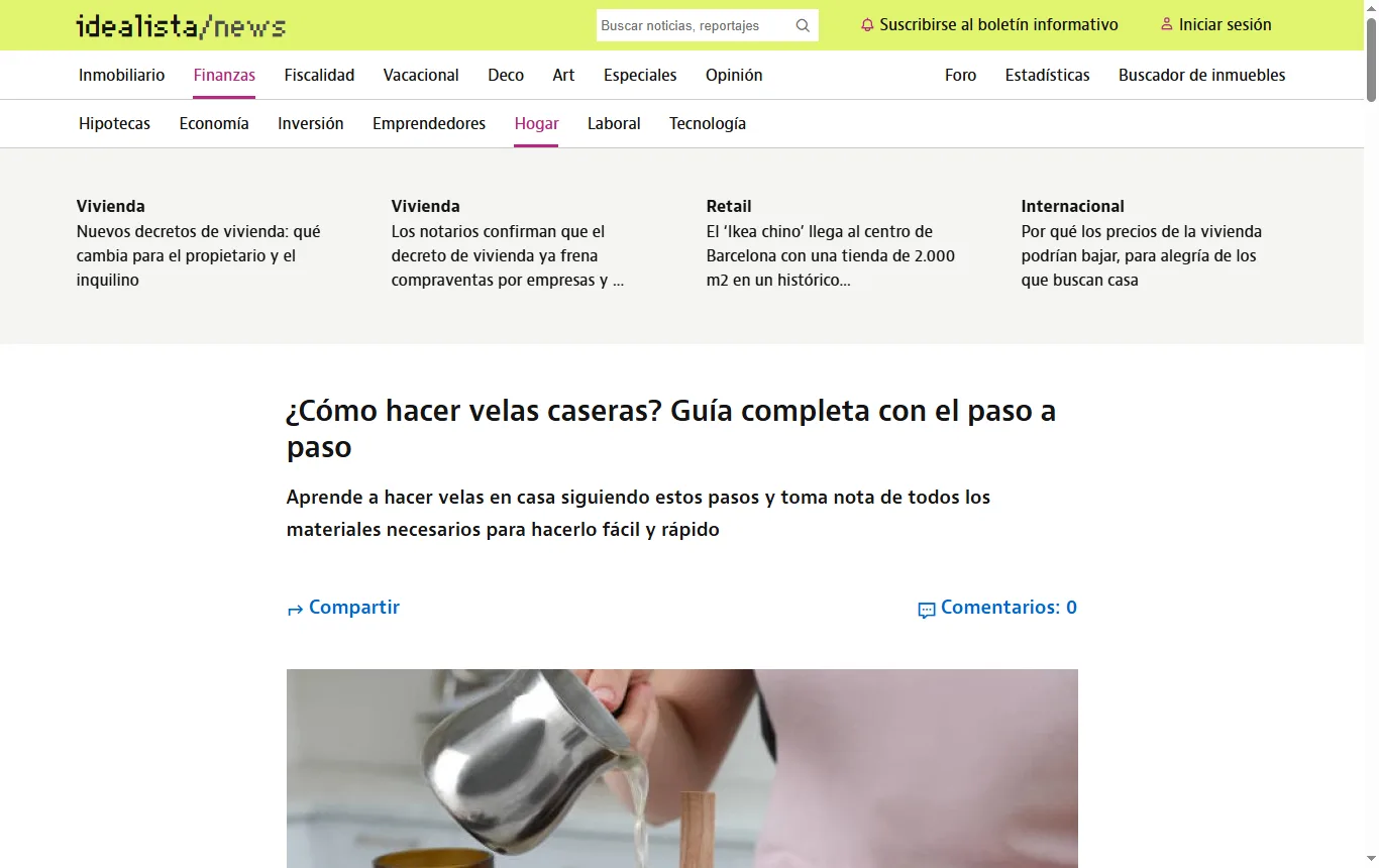 Captura de idealista.com : guía de idealista « ¿Cómo hacer velas caseras? » (idealista.com/news/finanzas/hogar/2025/09/07/851457-como-hacer-velas-caseras-guia-completa-con-el-paso-a-paso), apartado sobre la regla 8:10 y las gotas de aceite esencial por cada 226 gramos de cera