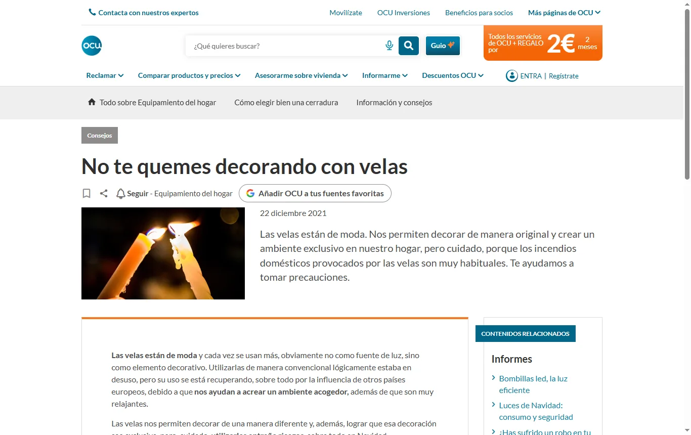Captura de ocu.org : artículo de la OCU « No te quemes decorando con velas » (ocu.org/vivienda-y-energia/equipamiento-hogar/consejos/velas-precaucion), lista de recomendaciones sobre la mecha, la distancia entre velas y el portavelas