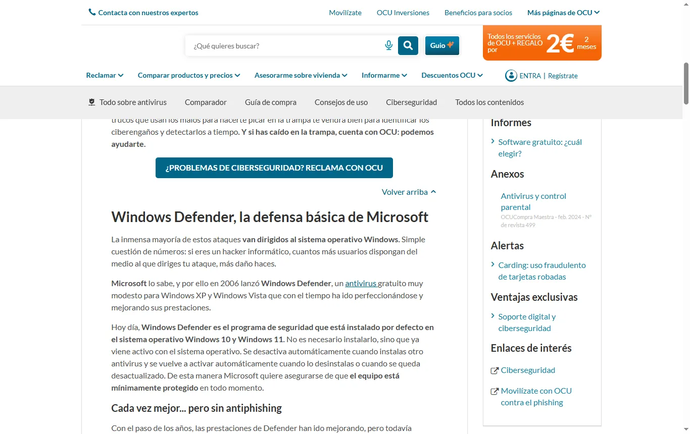 Captura de ocu.org : guía de antivirus gratuitos de la OCU con el apartado de Windows Defender