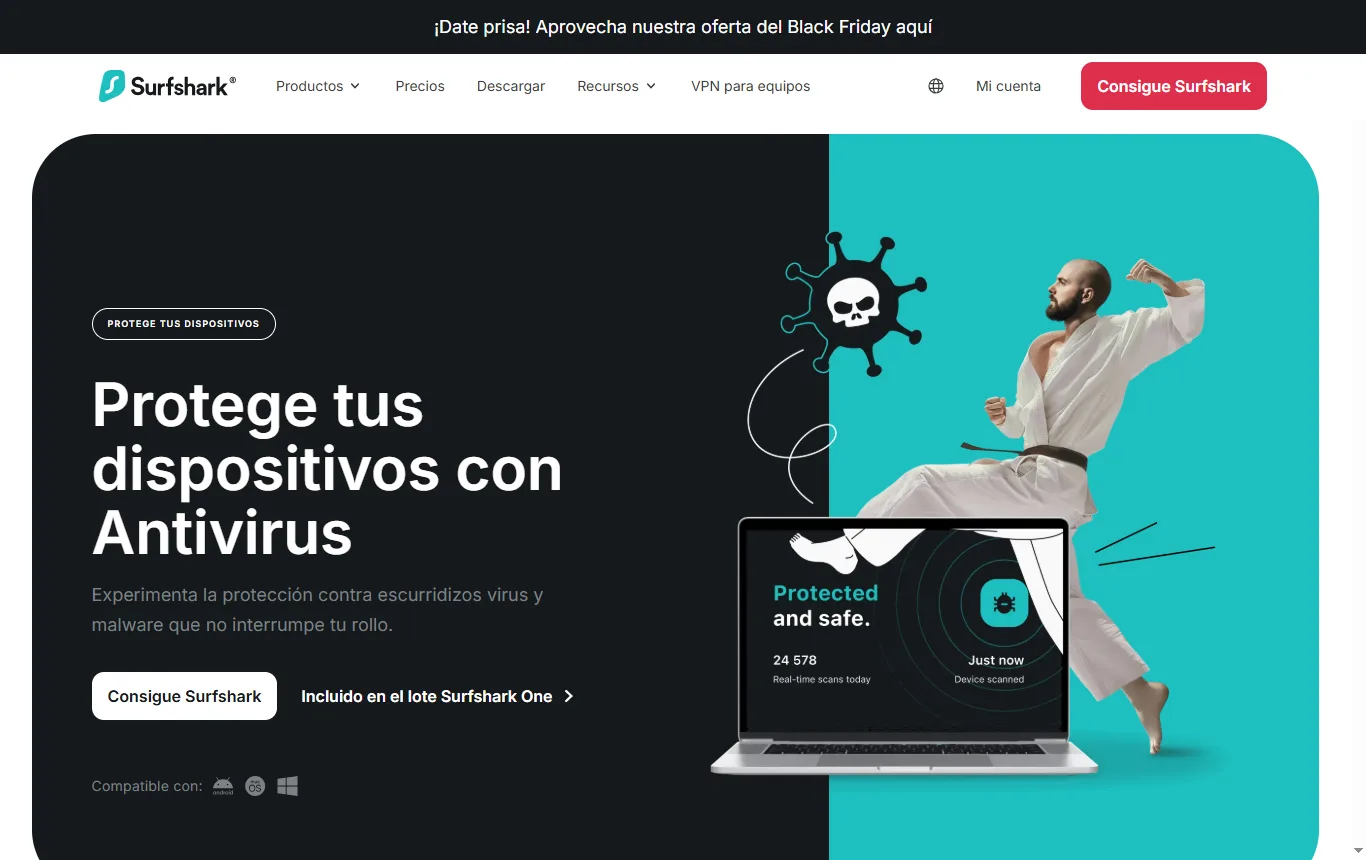 Captura de surfshark.com : página de Surfshark Antivirus con la nota de que va incluido en Surfshark One y la lista de funciones