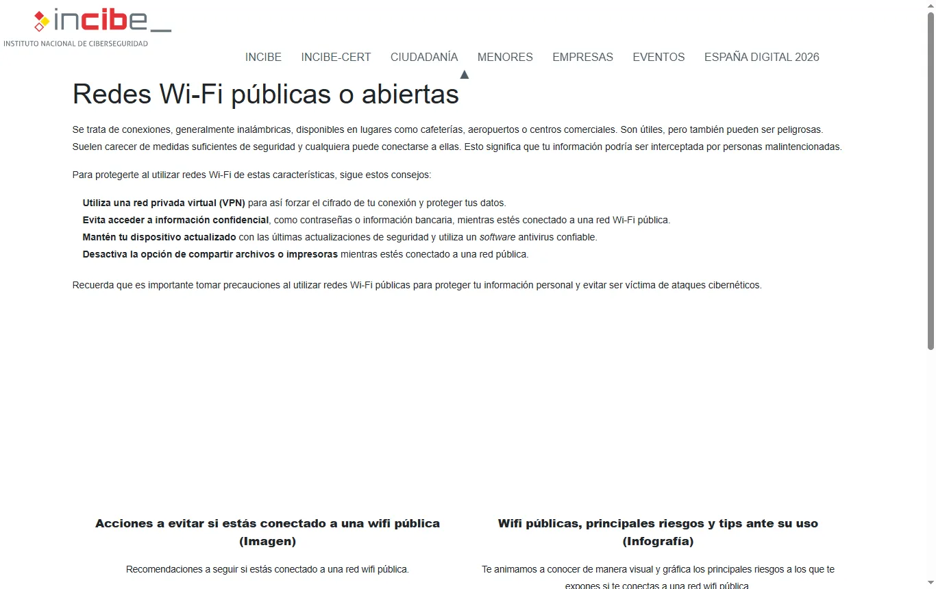 Captura de incibe.es : página del INCIBE sobre el uso de redes wifi públicas, con las recomendaciones de seguridad