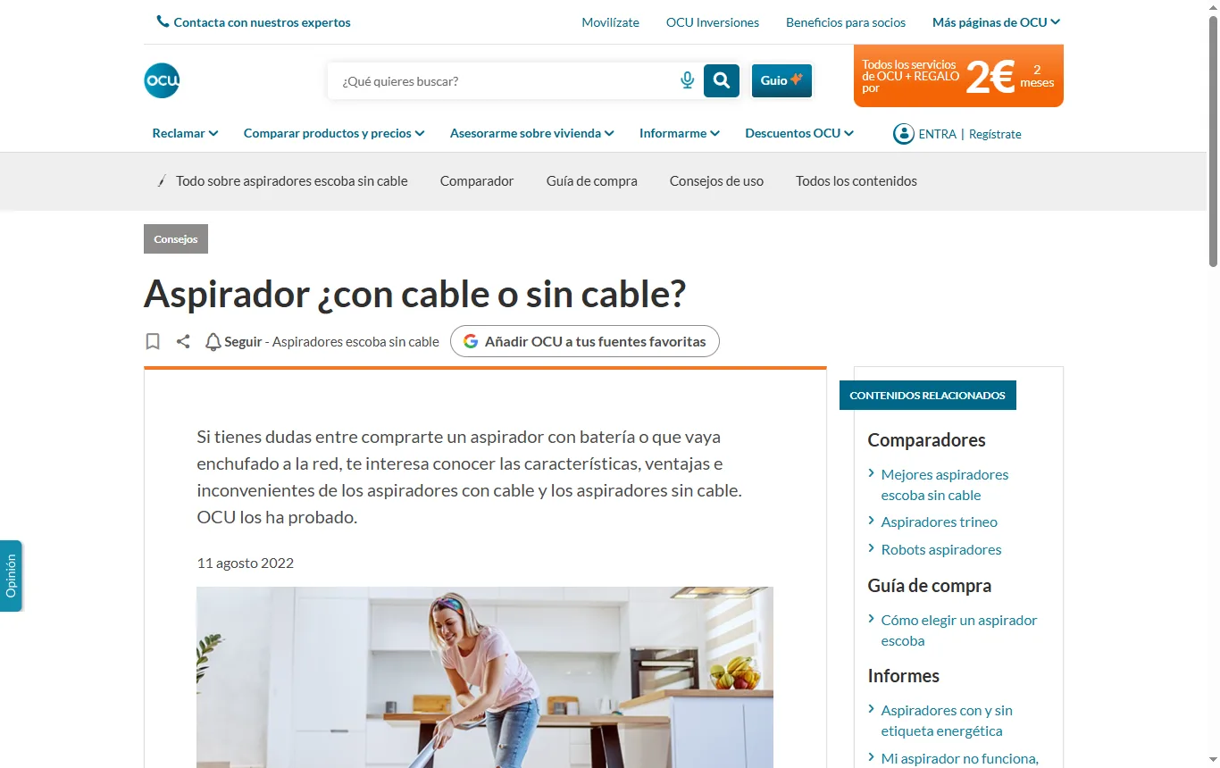 Captura de ocu.org : artículo de la OCU « Aspirador con o sin cable » (ocu.org/electrodomesticos/aspirador-escoba/consejos/aspirador-con-sin-cable), comparación de ventajas e inconvenientes de la escoba con batería
