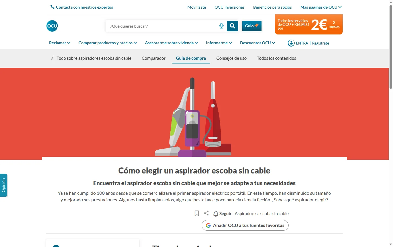 Captura de ocu.org : guía de la OCU « Cómo elegir un aspirador escoba sin cable » (ocu.org/electrodomesticos/aspirador-escoba/como-elegir), apartados de potencia, autonomía de la batería, ruido y HEPA