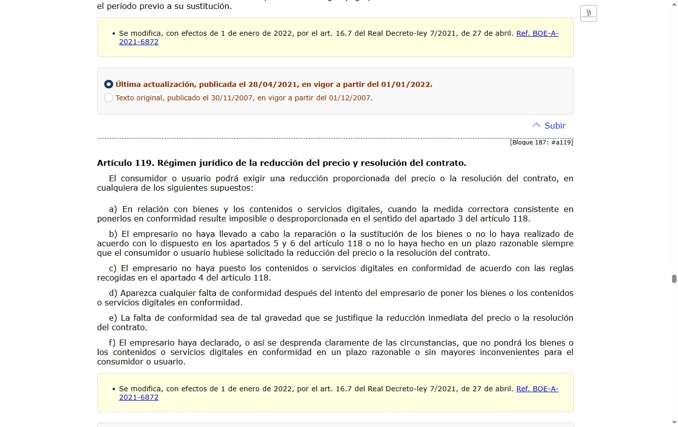 Captura de boe.es : texto consolidado del BOE del Real Decreto Legislativo 1/2007 (boe.es/buscar/act.php?id=BOE-A-2007-20555), artículo 118 sobre la reparación o sustitución y artículo 120 sobre el plazo de tres años