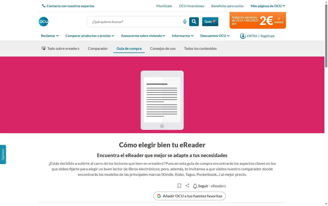 Captura de ocu.org : guía de la OCU « Cómo elegir bien tu eReader » (ocu.org/tecnologia/ereaders/como-elegir), apartados de pantalla, resolución, luz y almacenamiento