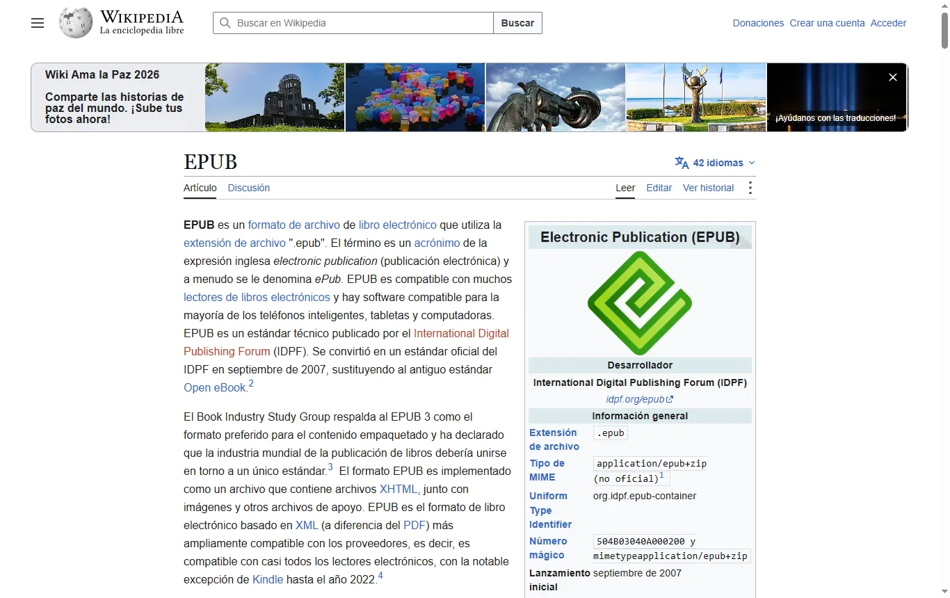 Captura de es.wikipedia.org : artículo « EPUB » de la Wikipedia en español, presentación del formato abierto de libro electrónico (es.wikipedia.org/wiki/EPUB)