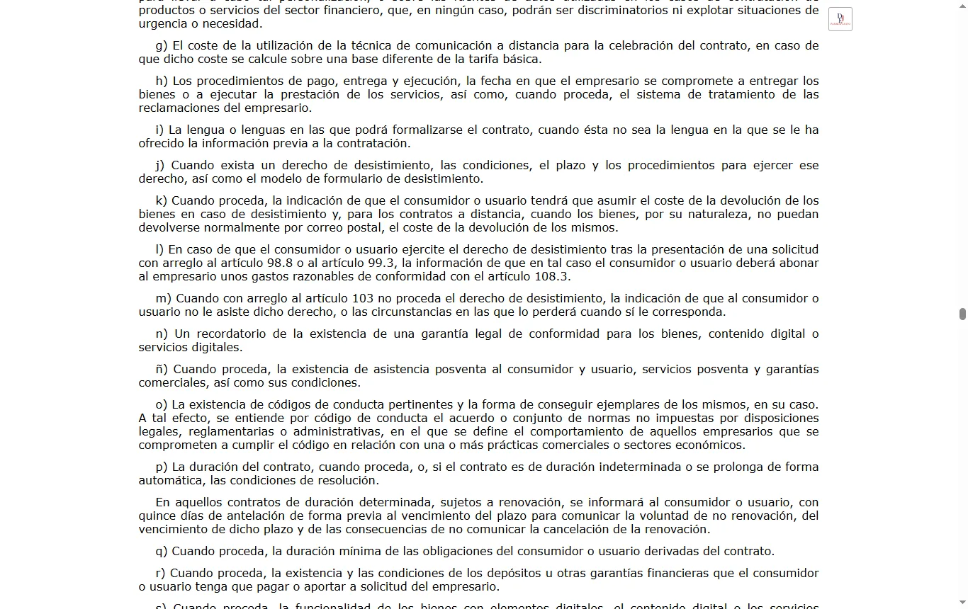 Captura de boe.es : texto consolidado del BOE del Real Decreto Legislativo 1/2007 (boe.es/buscar/act.php?id=BOE-A-2007-20555), artículo 103, letra m, sobre el contenido digital, y artículo 120 sobre los plazos de la falta de conformidad