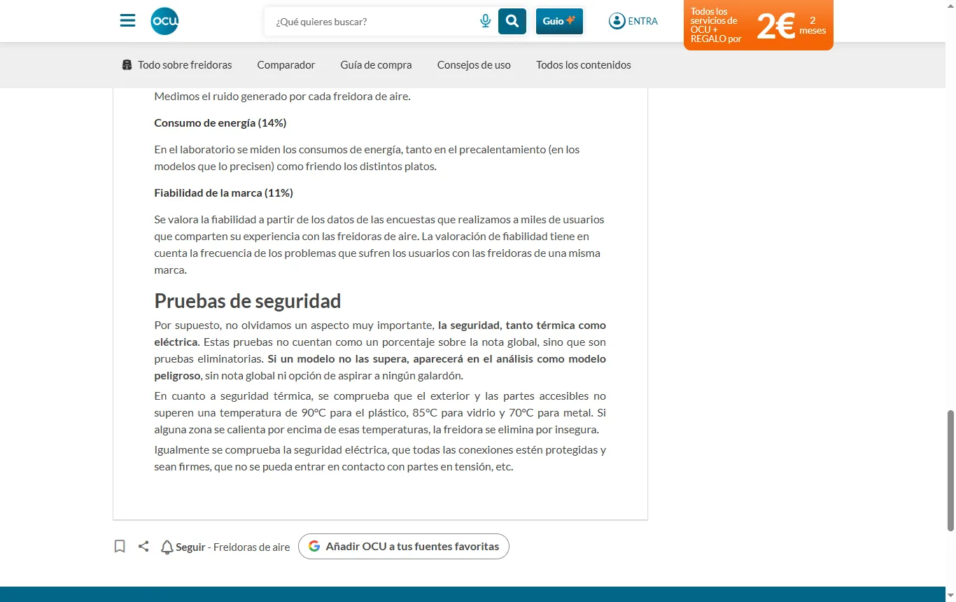 Captura de ocu.org : página "Así analizamos" de la OCU sobre freidoras, apartado de pruebas de seguridad y de independencia