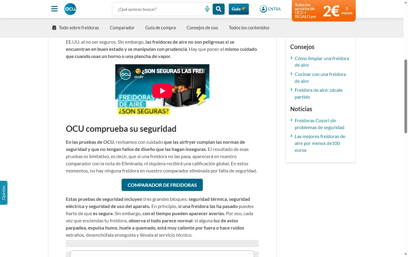 Captura de ocu.org : artículo de la OCU «¿Son seguras las freidoras de aire?», pasaje sobre las pruebas de seguridad eliminatorias y las pautas de uso