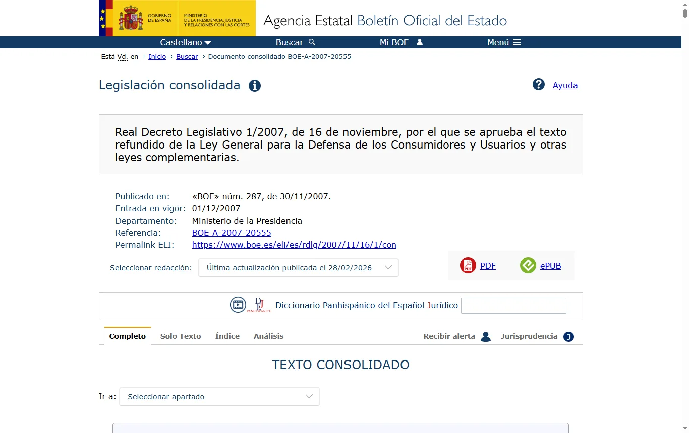 Captura de boe.es : texto consolidado de la Ley General para la Defensa de los Consumidores y Usuarios (boe.es), artículos 120 y 121 sobre el plazo de la garantía legal y la presunción de falta de conformidad