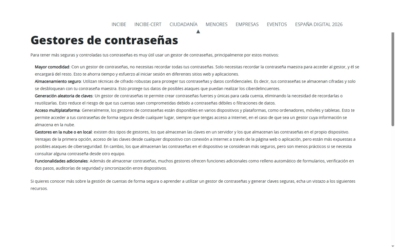 Captura de incibe.es : página de INCIBE «Gestores de contraseñas: cómo funcionan», pasaje que distingue los gestores en la nube de los locales