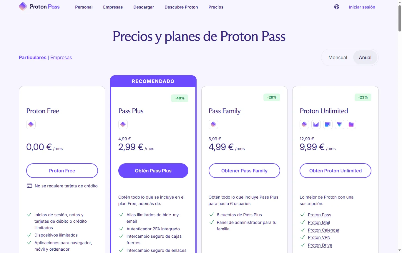 Captura de proton.me : página de planes (proton.me/es-es/pass/pricing), columna del plan gratuito