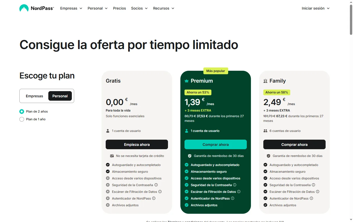 Captura de nordpass.com : página de planes (nordpass.com/es/plans), columna del plan gratuito con lo que no incluye