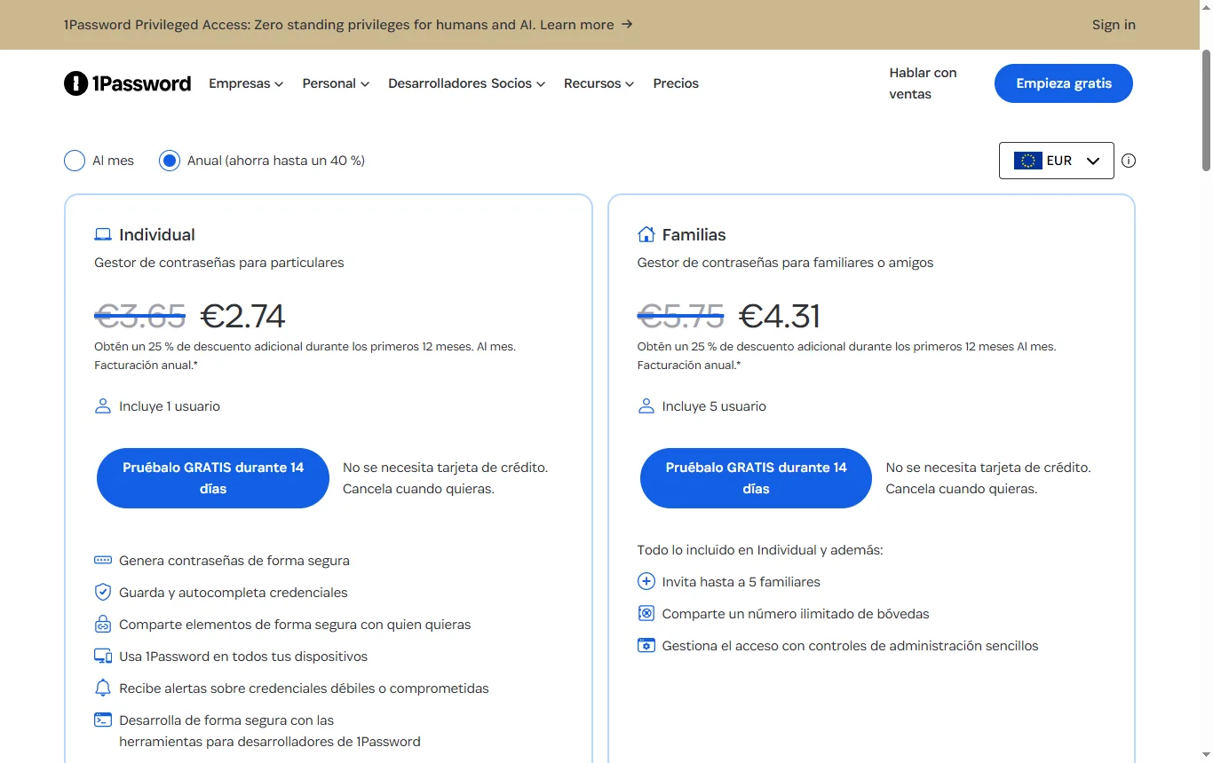 Captura de 1password.com : página de precios del gestor, aviso de la prueba gratuita de 14 días