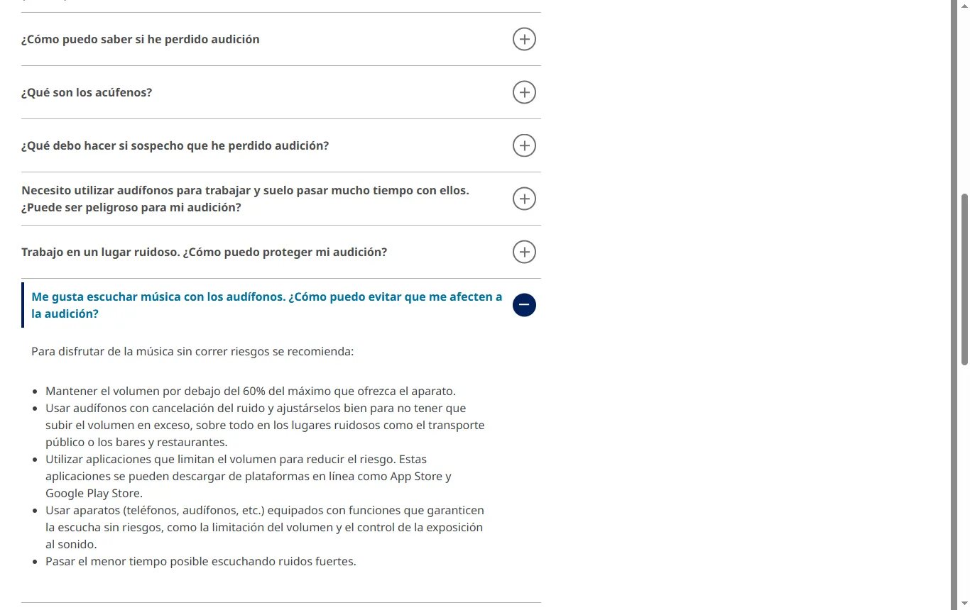 Captura de who.int : preguntas y respuestas de la OMS « Deafness and hearing loss: Safe listening » (who.int/news-room/questions-and-answers/item/deafness-and-hearing-loss-safe-listening), consejo de no superar el 60 % del volumen máximo y tabla de tiempos semanales por nivel sonoro