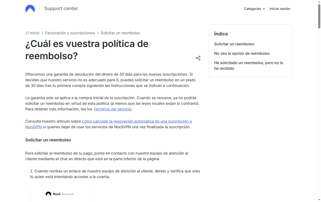 Captura de support.nordvpn.com : artículo oficial de reembolso de NordVPN con la cobertura de 30 días