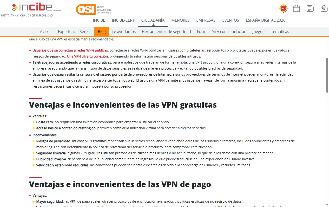 Captura de incibe.es : página del INCIBE sobre VPN gratuitas y de pago con las advertencias sobre las gratuitas