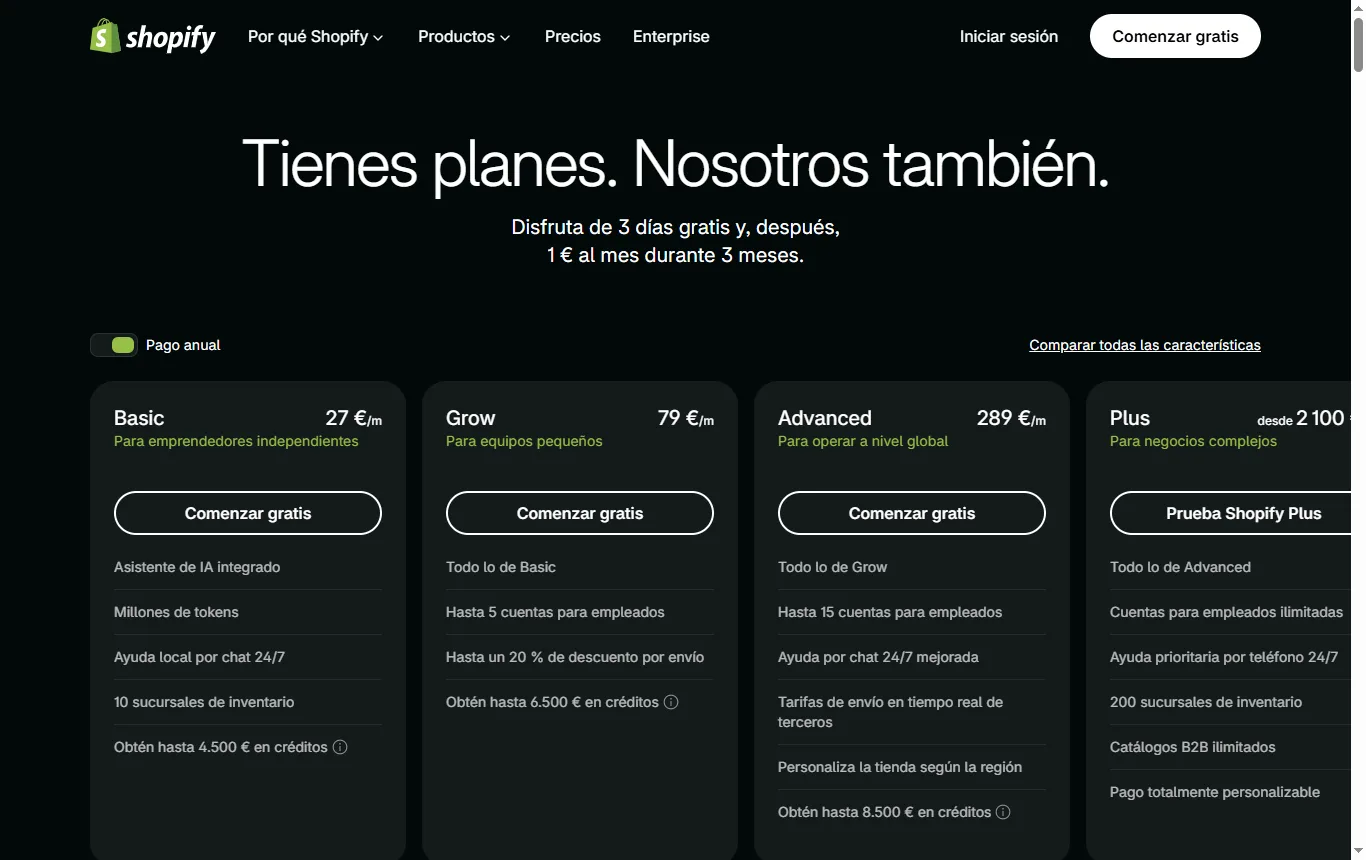 Captura de shopify.com : tabla de planes y comisiones de la página de precios de Shopify España