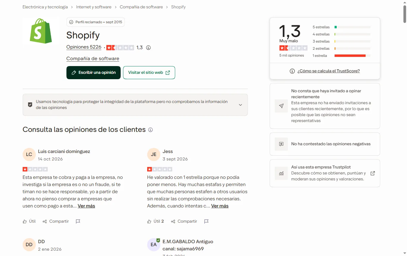 Captura de es.trustpilot.com : ficha de Shopify en Trustpilot España con la puntuación y los temas