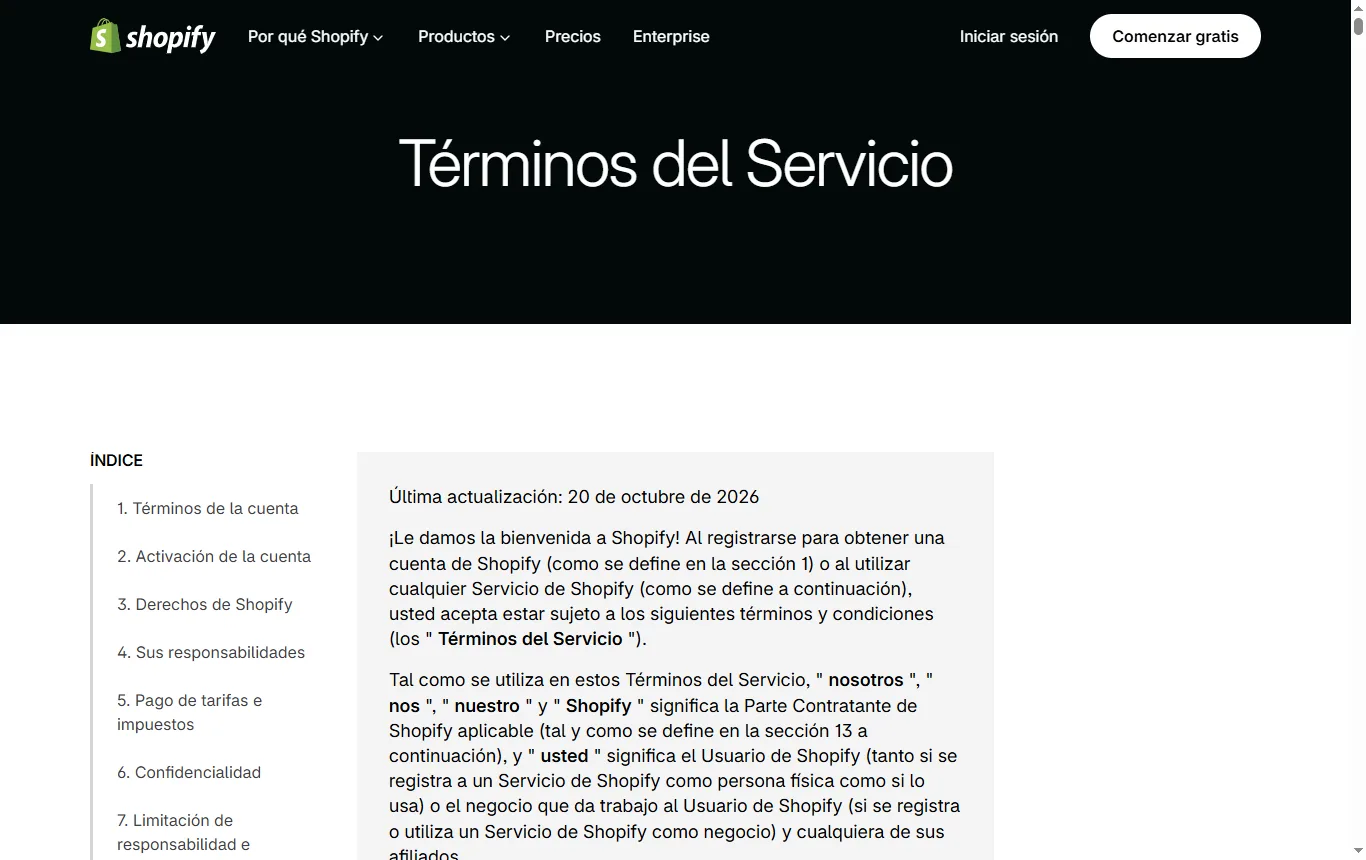Captura de shopify.com : condiciones de servicio de Shopify, sección sobre cancelación y falta de pago