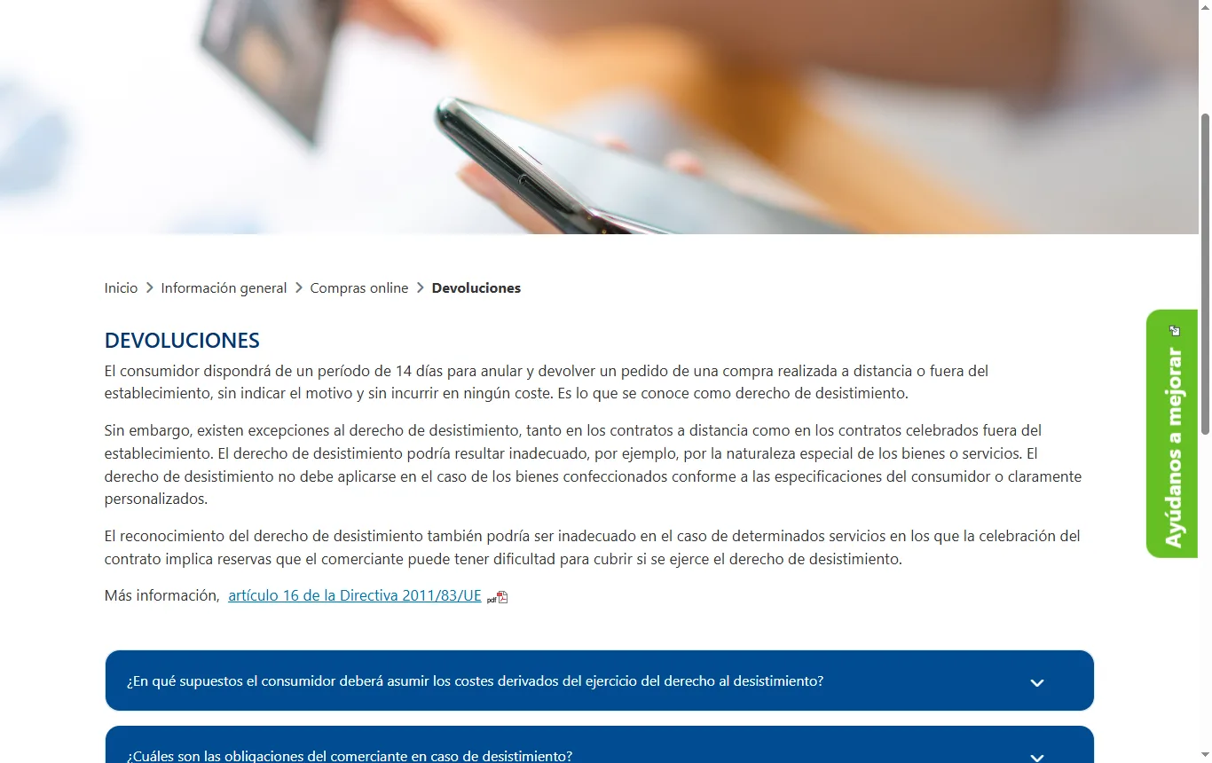 Captura de portal-cec.consumo.gob.es : página del Centro Europeo del Consumidor en España sobre devoluciones y desistimiento de compras a distancia