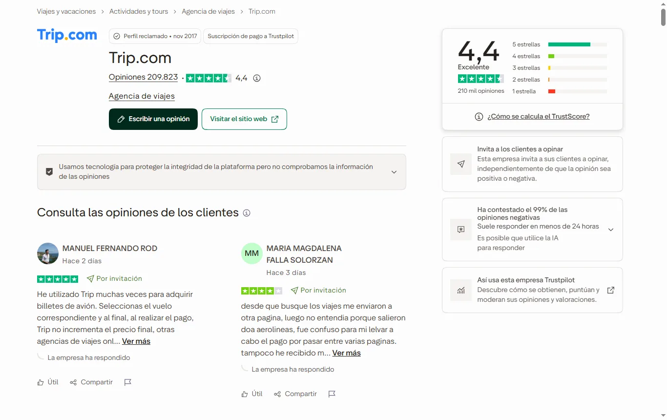 Captura de es.trustpilot.com : ficha de Trip.com en Trustpilot España con la puntuación y el número de opiniones