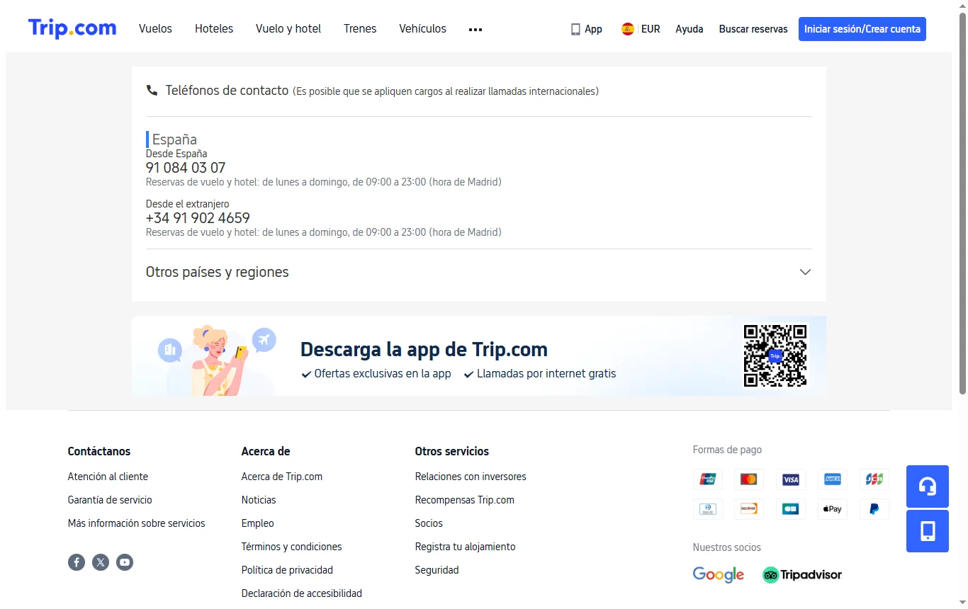 Captura de es.trip.com : página de ayuda de es.trip.com con el teléfono y el horario para España