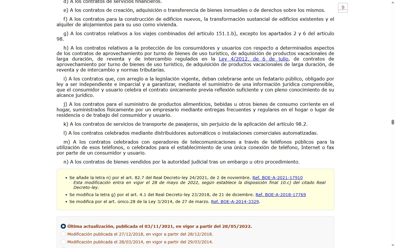 Captura de boe.es : boe.es, texto consolidado del Real Decreto Legislativo 1/2007 con el artículo 93, letra k), y el artículo 103, letra l)