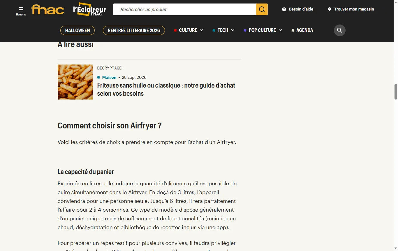 Capture de leclaireur.fnac.com : guide « Airfryer : comment choisir sa friteuse à air chaud » (leclaireur.fnac.com), section « Comment choisir son Airfryer ? » sur la capacité du panier, la puissance et les accessoires