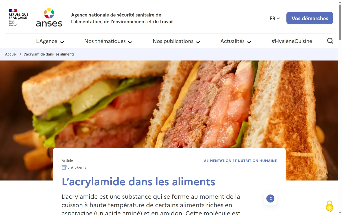 Capture de anses.fr : page « L'acrylamide dans les aliments » (anses.fr/fr/content/lacrylamide-dans-les-aliments), passages sur la formation au-delà de 120 °C et sur les conseils de cuisson