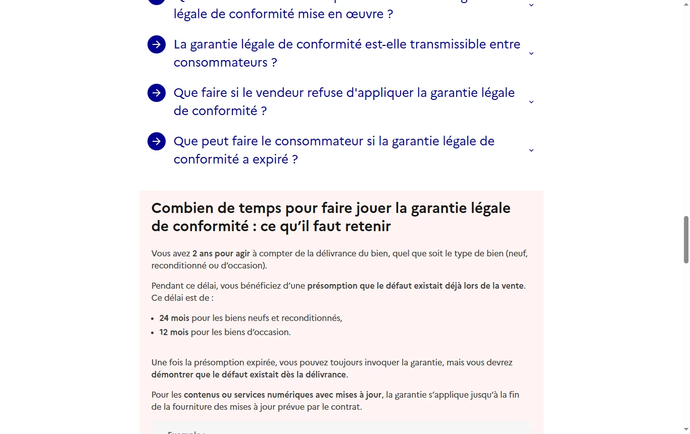 Capture de service-public.gouv.fr : fiche « Garantie légale de conformité » (F11094), encadré sur la durée de deux ans, la présomption d'antériorité et les recours (réparation, remplacement, remboursement)
