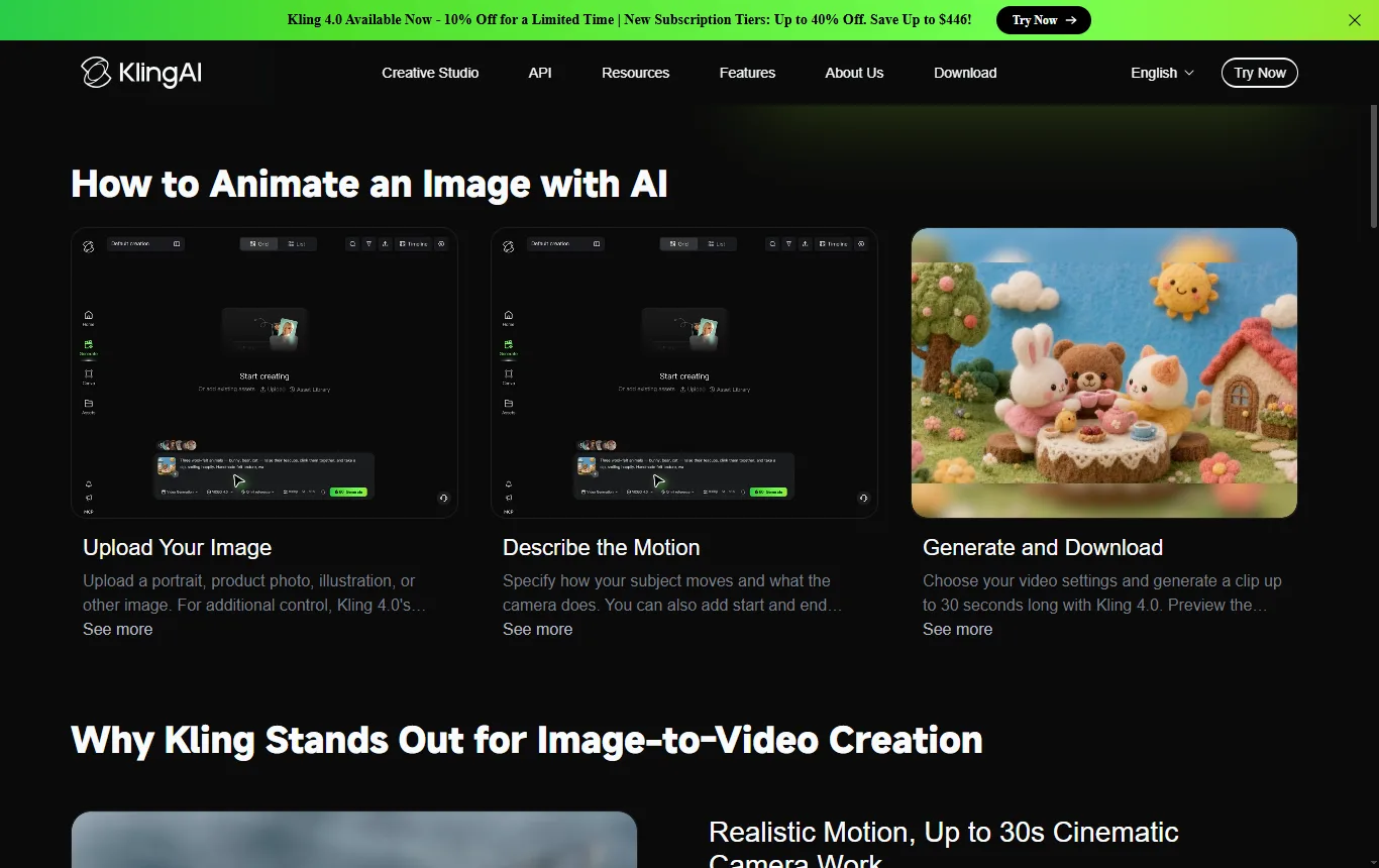 Capture de kling.ai : page de génération image vers vidéo, avec la zone d'import de l'image et le champ de consigne