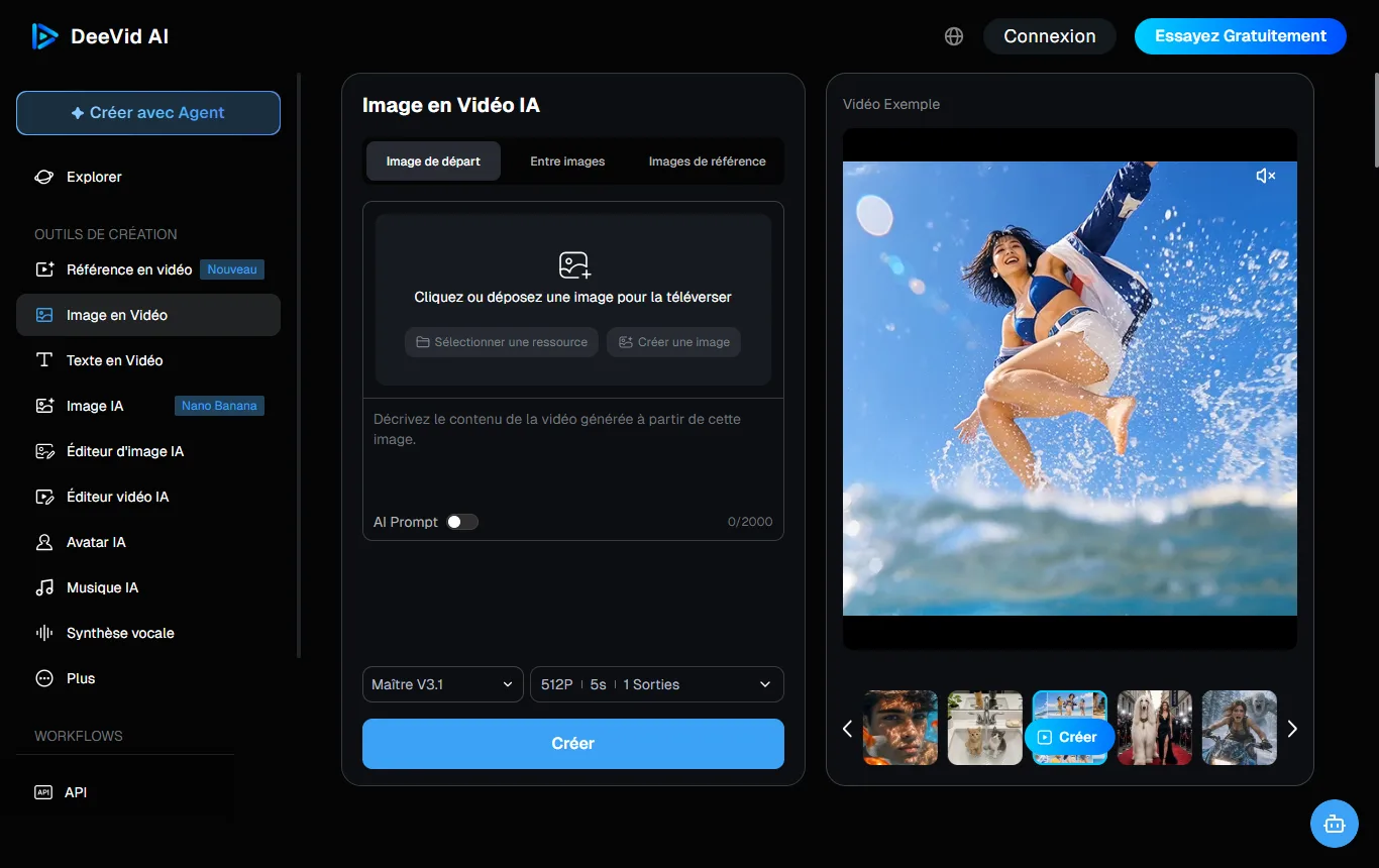 Capture de deevid.ai : page de génération image vers vidéo (import de la photo et champ de consigne)