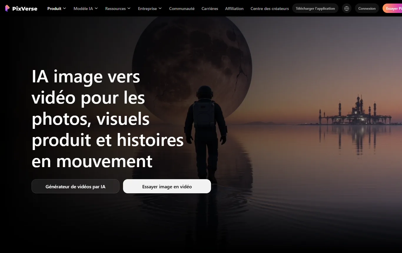 Capture de pixverse.ai : page produit « image vers vidéo » de PixVerse, avec la zone d'import de l'image