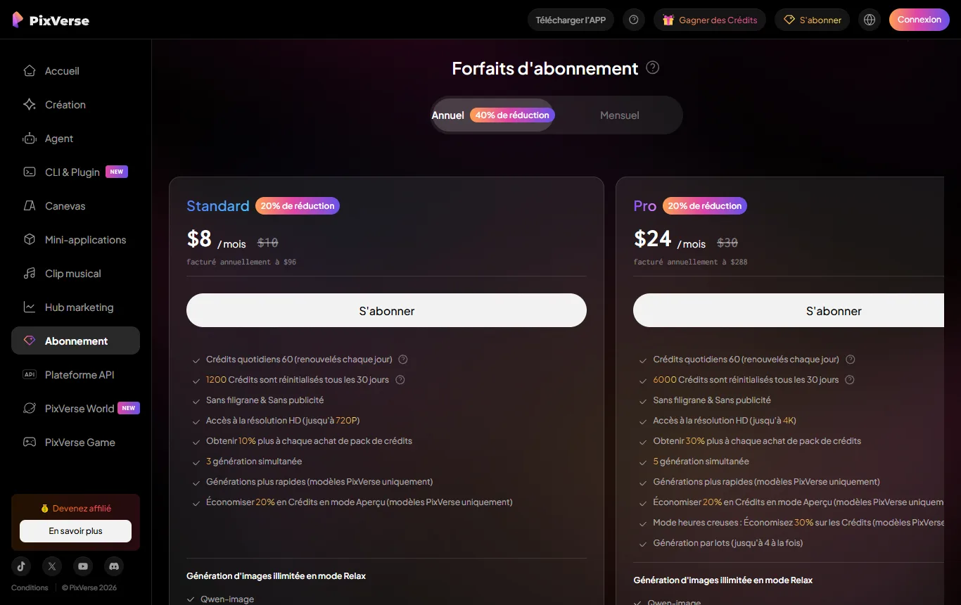 Capture de app.pixverse.ai : page des formules (app.pixverse.ai/subscribe), colonne Basic : crédits initiaux, crédits quotidiens, résolution 540P, ligne « sans filigrane »