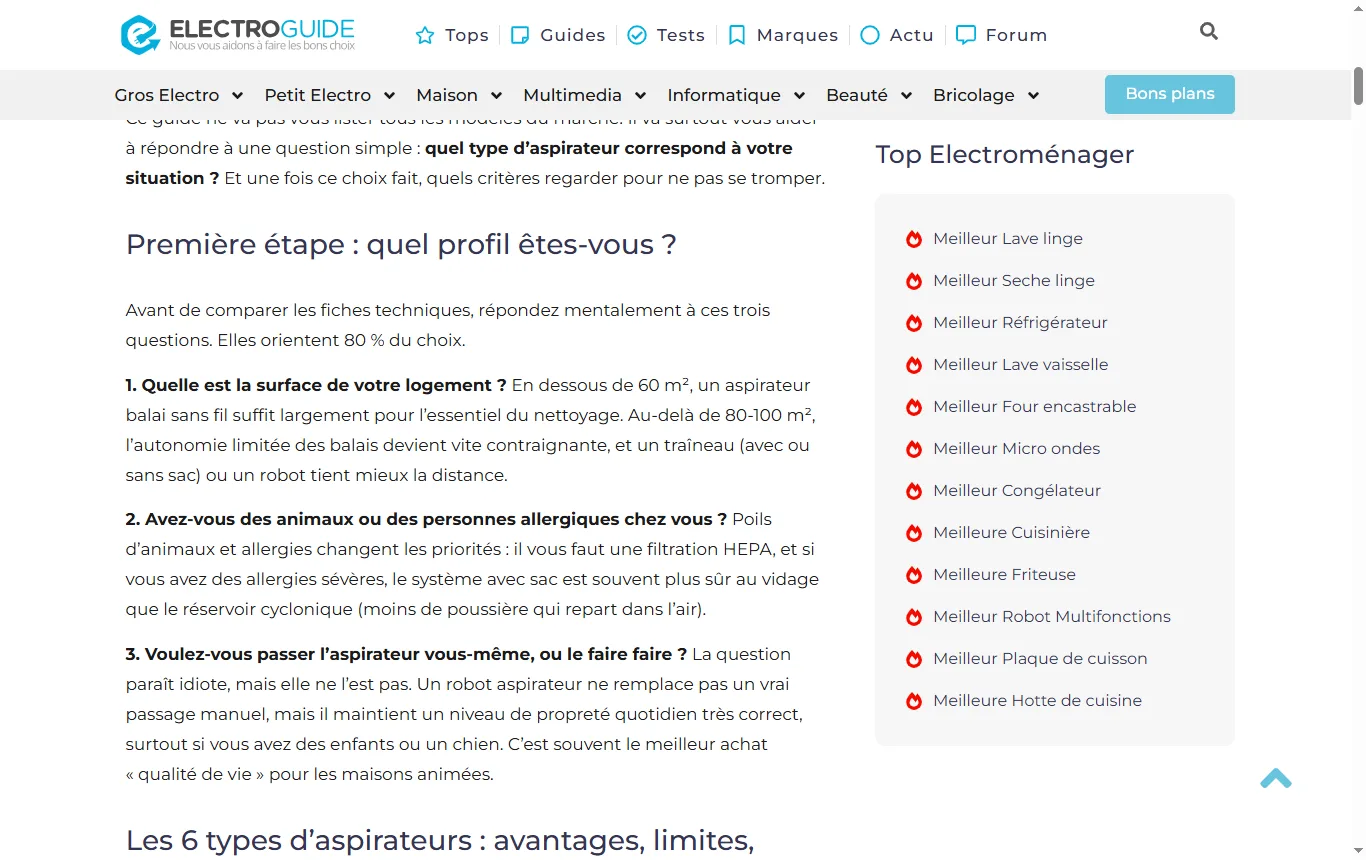 Capture de electroguide.com : guide d'achat « Comment bien choisir son aspirateur » (electroguide.com), passage sur l'aspirateur balai, la surface conseillée et les critères hors puissance