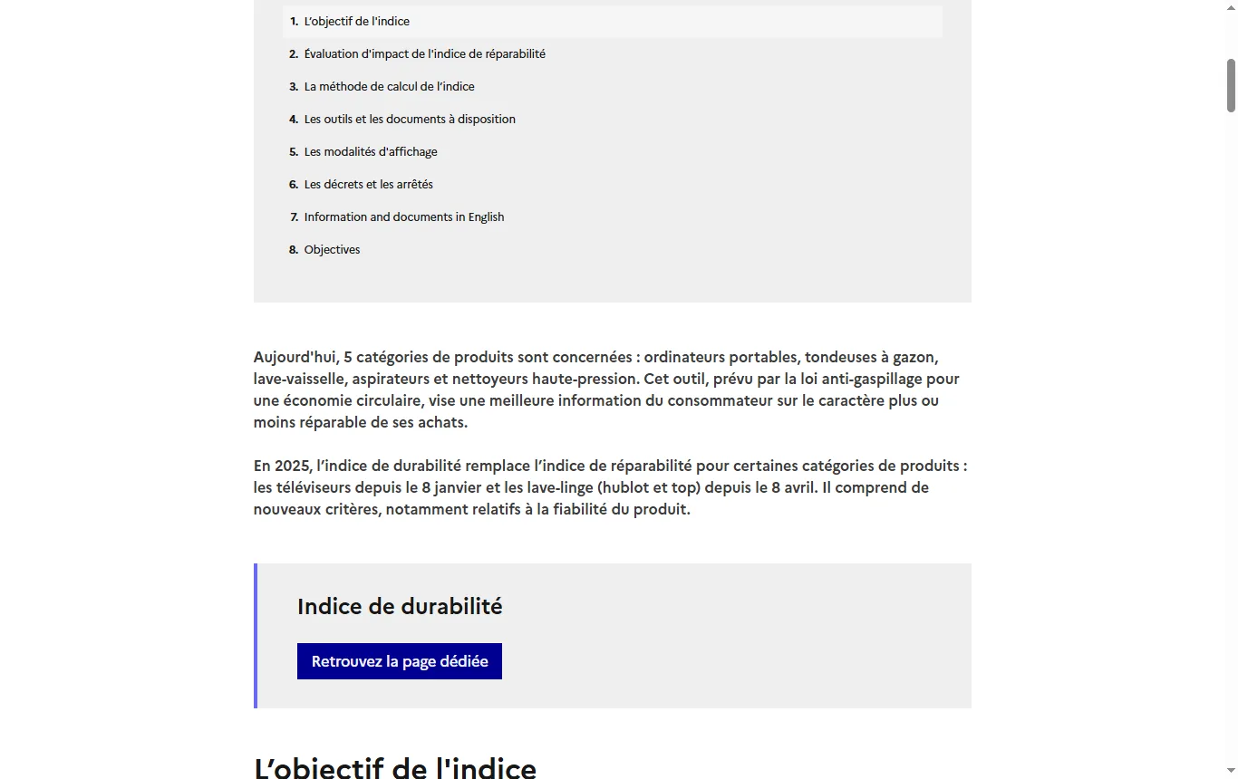Capture de ecologie.gouv.fr : page « Indice de réparabilité » (ecologie.gouv.fr/politiques-publiques/indice-reparabilite), liste des catégories de produits concernées dont les aspirateurs et section sur l'affichage