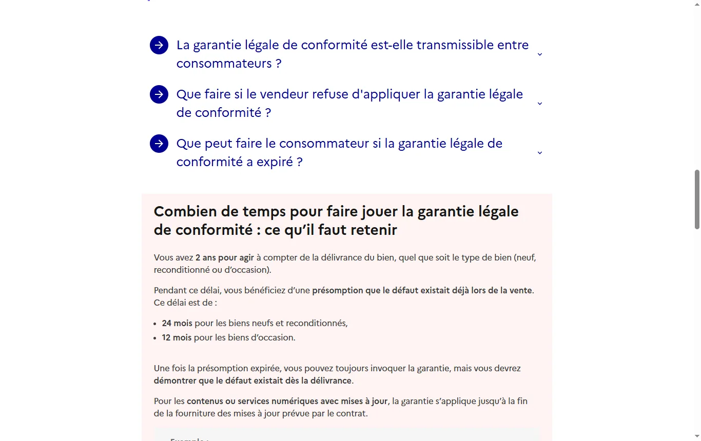 Capture de service-public.gouv.fr : fiche « Garantie légale de conformité » (F11094), passages sur la durée de deux ans et sur le droit à la réparation chez le fabricant pour les contrats conclus à partir du 31 juillet 2026