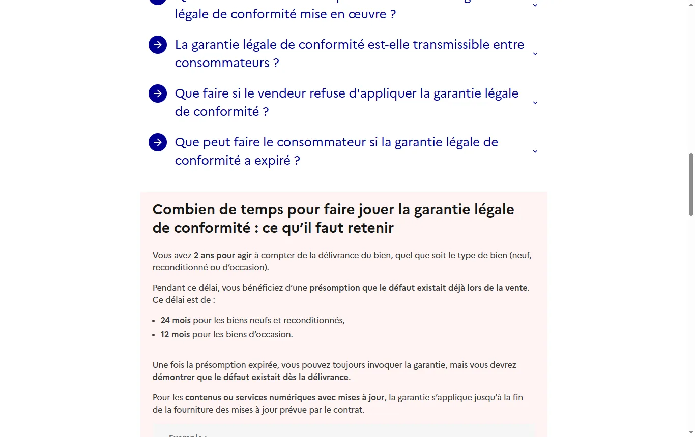 Capture de service-public.gouv.fr : fiche « Garantie légale de conformité » (F11094), durée de deux ans et présomption d'antériorité du défaut
