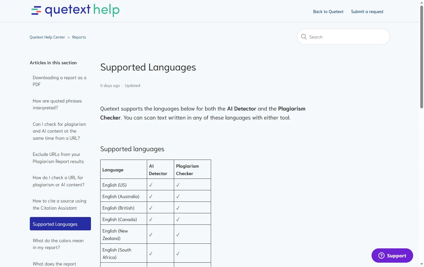 Capture de help.quetext.com : centre d'aide, article « Supported Languages » avec la liste des langues et sa date
