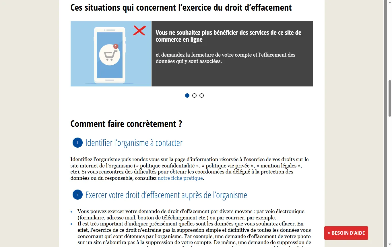 Capture de cnil.fr : page de la CNIL sur le droit à l'effacement, rubrique « Comment l'exercer ? »